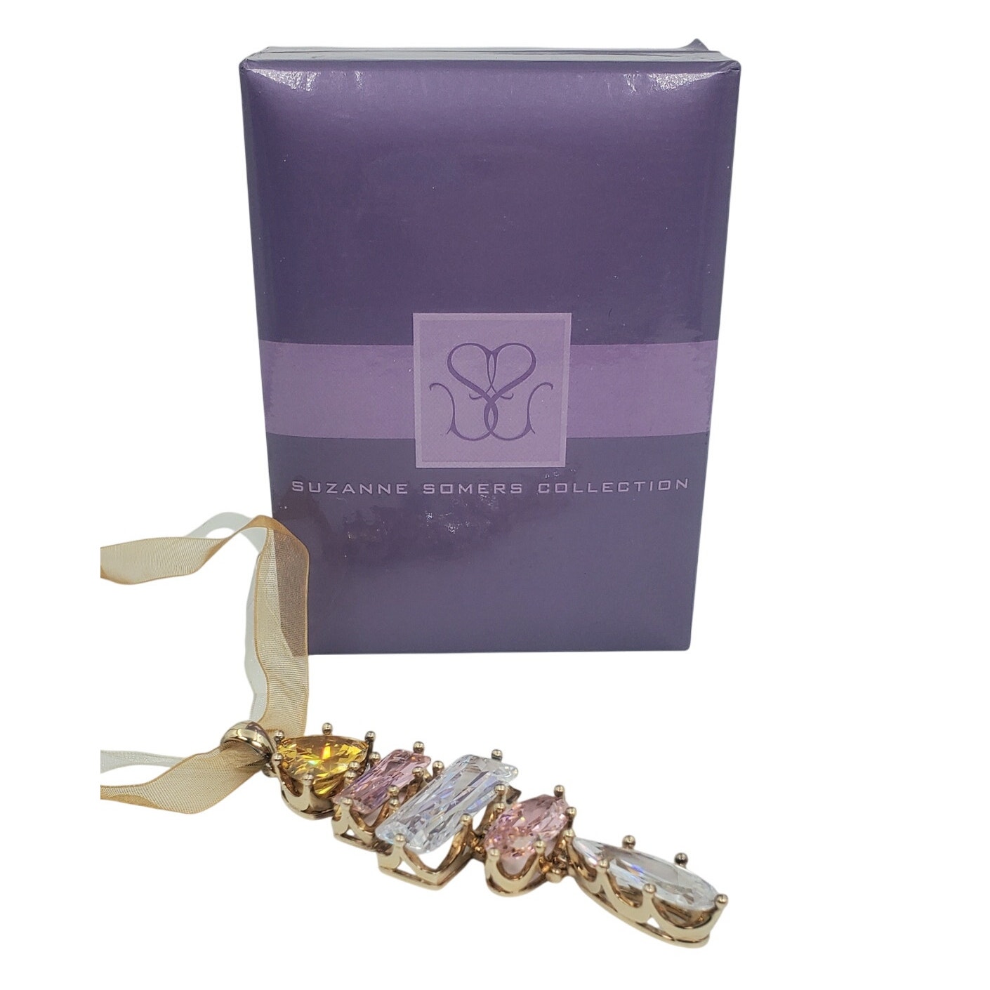 Vintage Suzanne Somers 94.2ct Cz Drop 29” 2 Ribbon Necklace Original Box